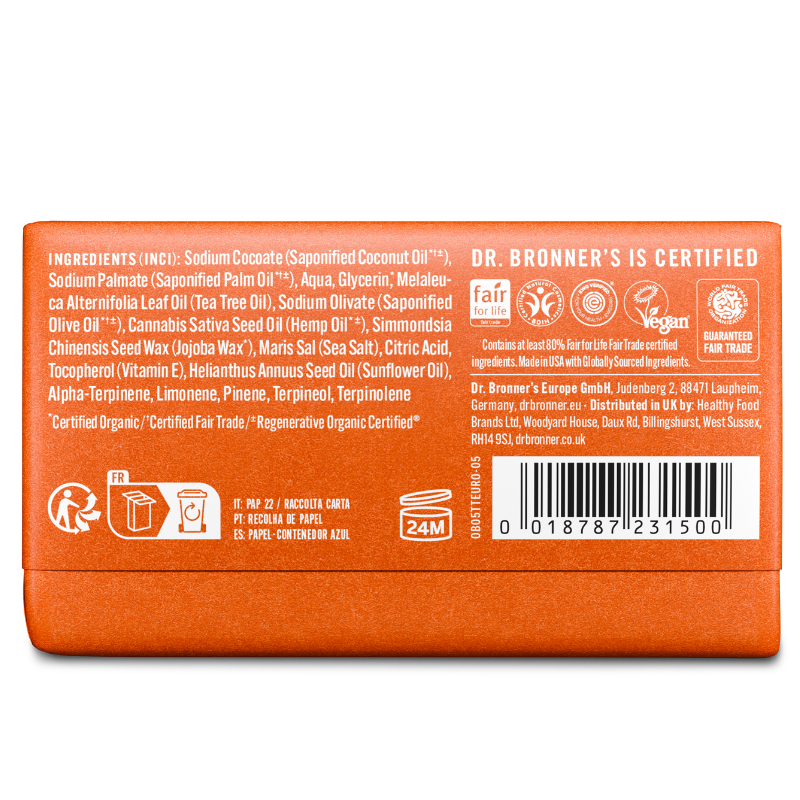 Dr. Bronner's Tea Tree 140g, back label with ingredient list