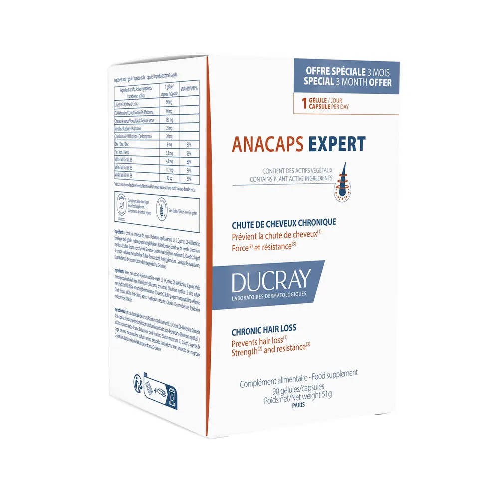 Ducray Anacaps, three-quarter view of the box of 90 capsules