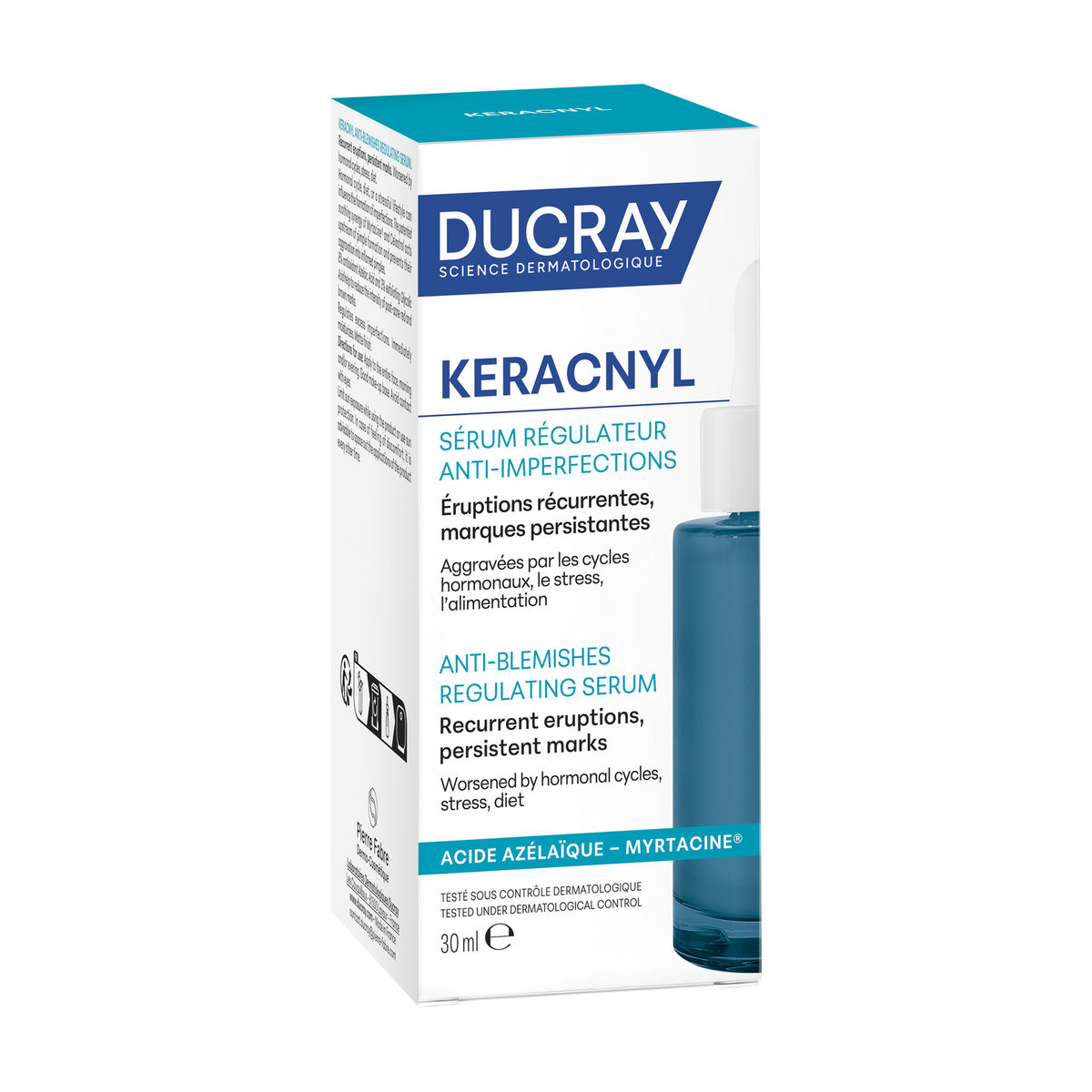 Ducray Keracnyl 30ml, three-quarter view of the box