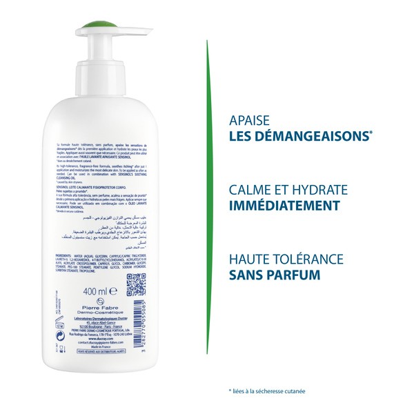 Ducray Sensinol, back of the pump bottle with benefits in French