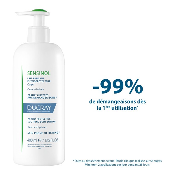 Ducray Sensinol, pump bottle beside study results in French