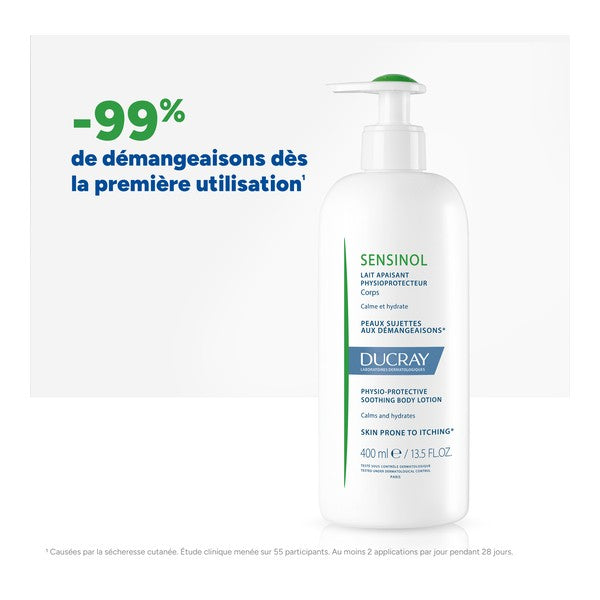 Ducray Sensinol, pump bottle with study results in French on a grey panel