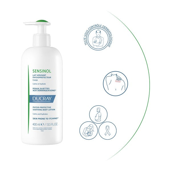 Ducray Sensinol, pump bottle with five feature icons