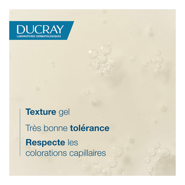 Ducray Squanorm, gel close-up with bubbles and benefits in French