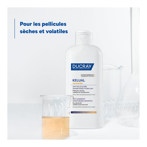 Ducray Squanorm, bottle with lab glassware, text in French