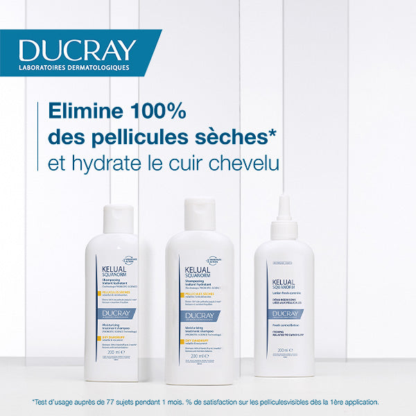 Ducray Squanorm, range of three products side by side, text in French