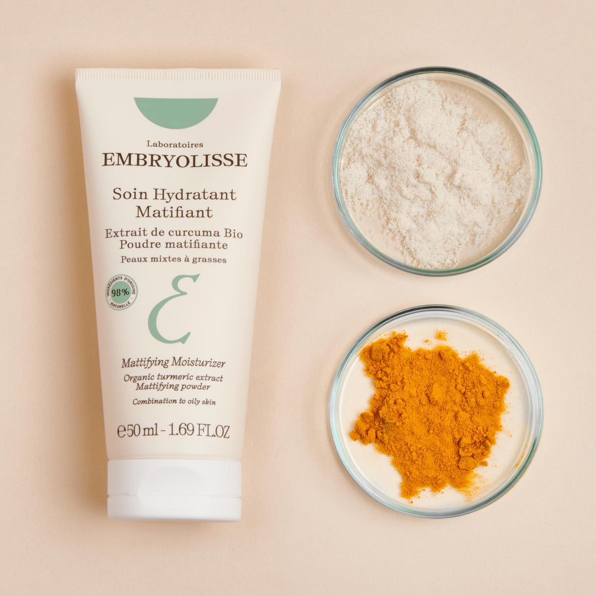 Embryolisse Mattifying Moisturizer, tube with turmeric and mattifying powder