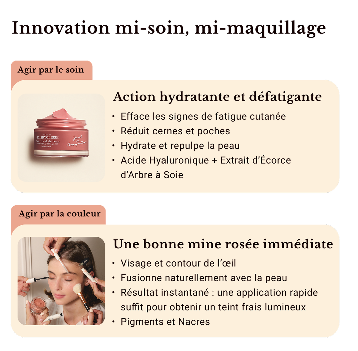 Embryolisse Soin Blush de Peau, skincare and makeup benefits chart in French