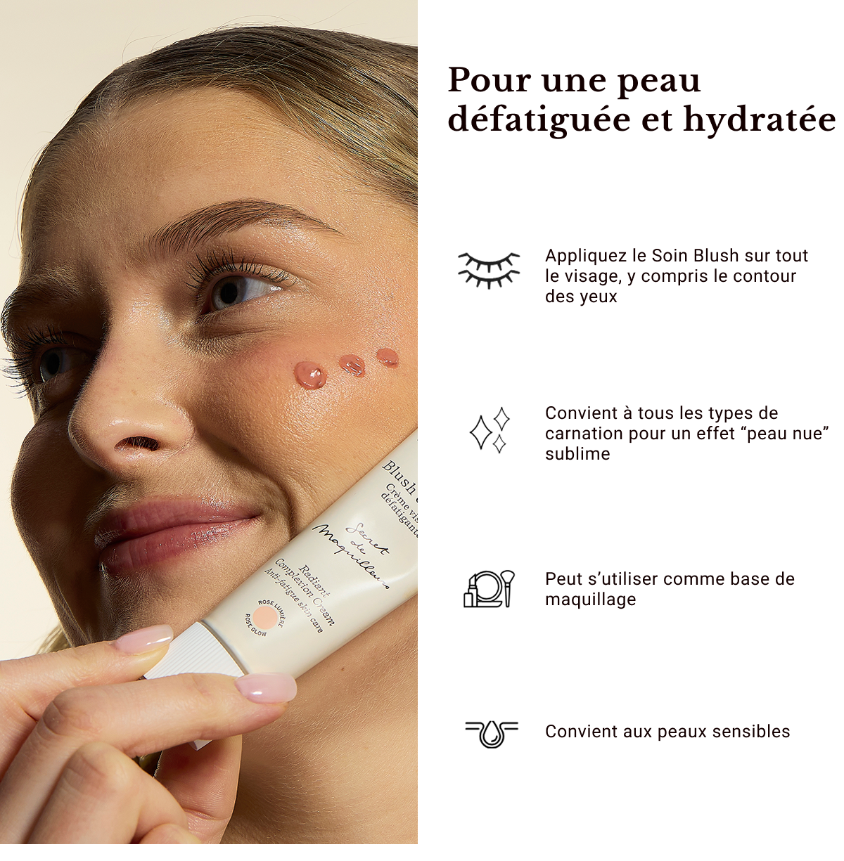 Embryolisse Soin Blush de Peau, woman with blush dots on her cheek and four icons in French