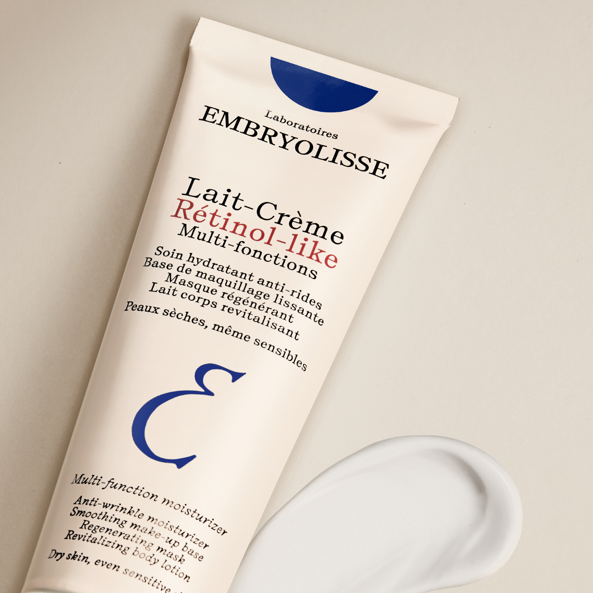 Embryolisse Retinol-Like Cream Milk, tube and cream texture swatch