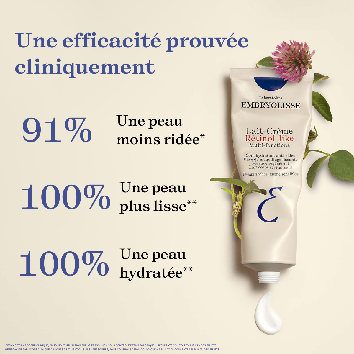 Embryolisse Retinol-Like Cream Milk, tube with study results in French