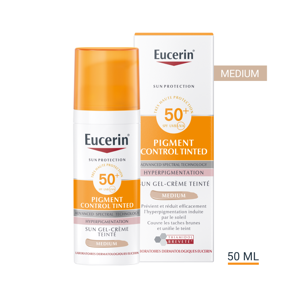 Eucerin Sun Pigment Control Tinted Gel-Cream SPF 50+ Medium 50ml, front of the bottle