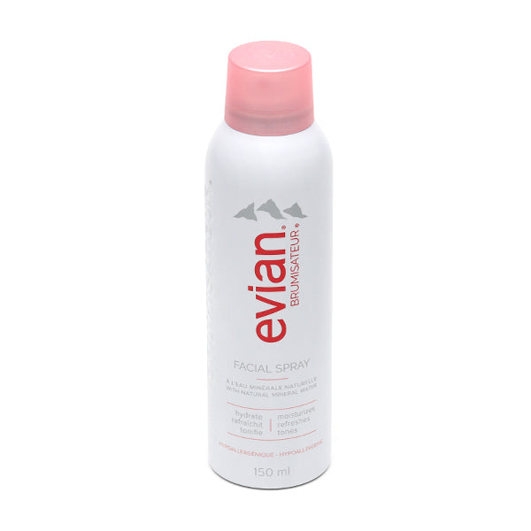 Evian Brumisateur Natural Mineral Water Spray 150ml, front of the spray can