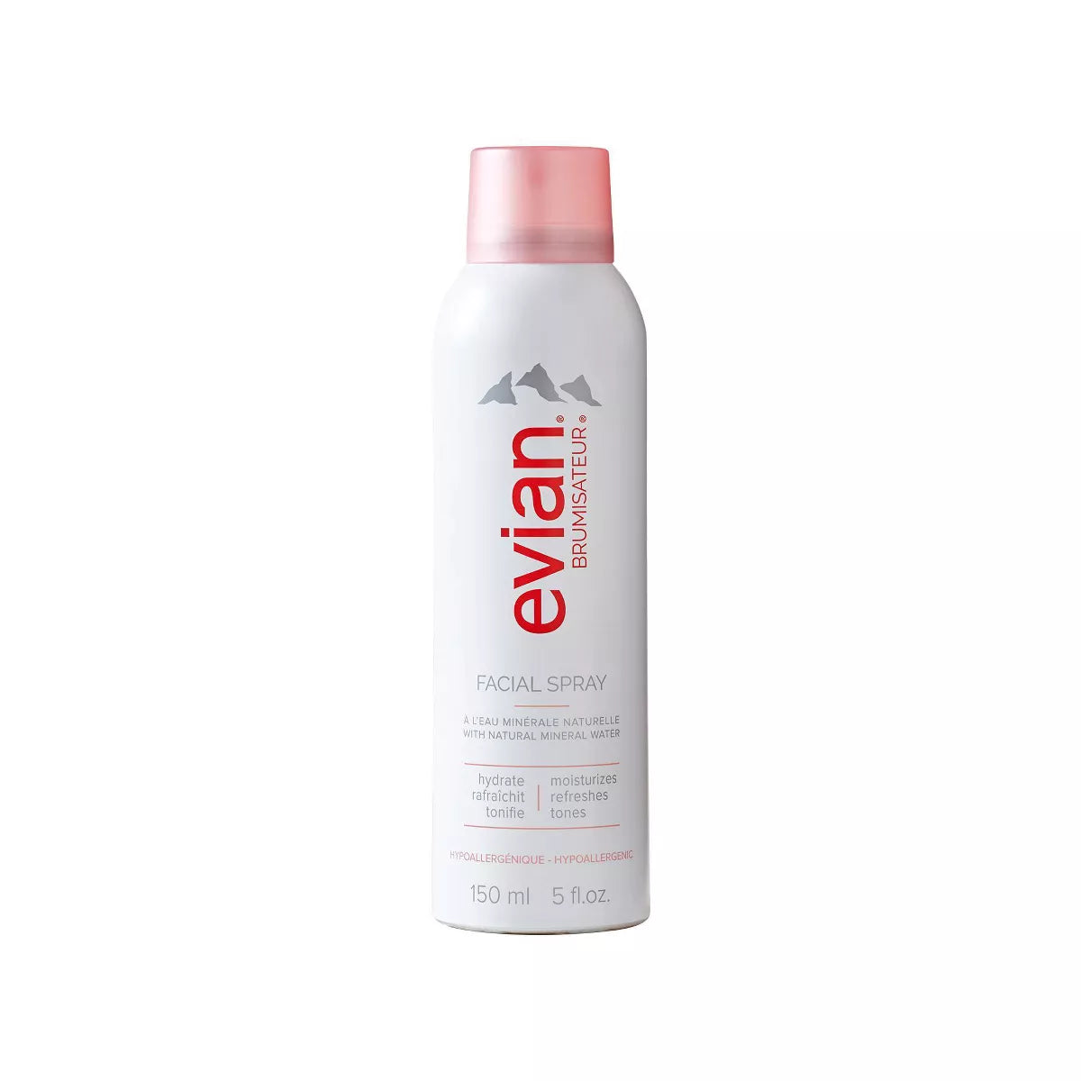 Evian Facial Spray alpine mineral water mist aerosol can on white background, view 1