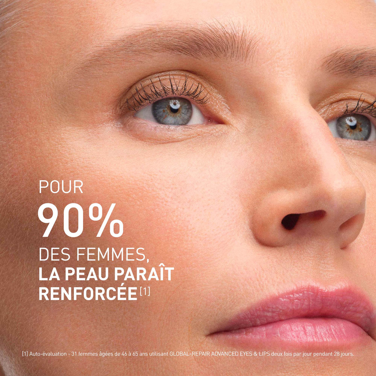 Filorga Global Repair, close-up of a woman's face with study results in French
