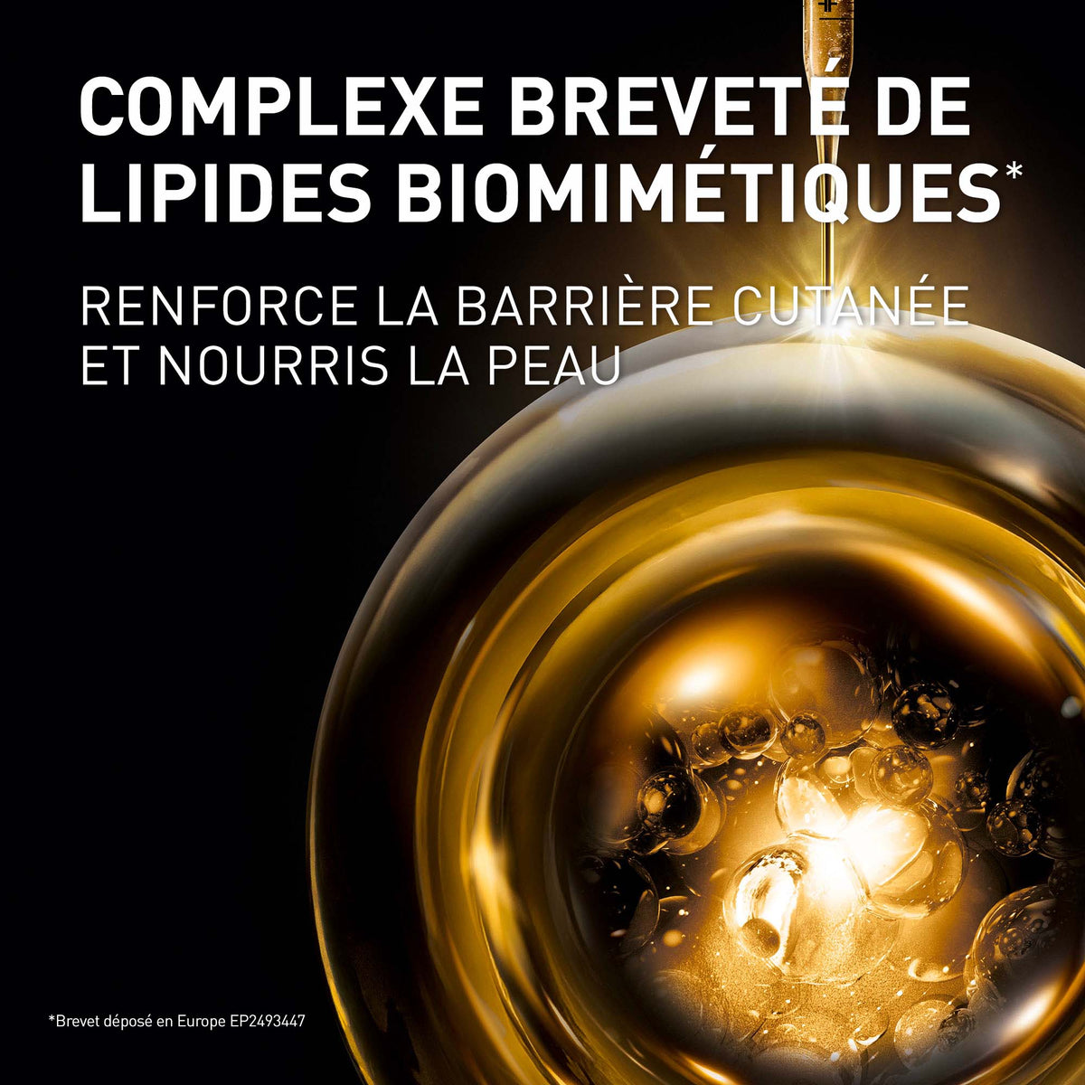 Filorga Global Repair, biomimetic lipid complex with a golden drop, text in French