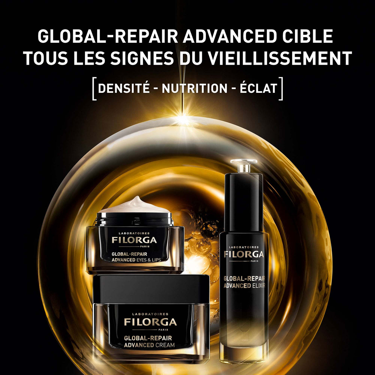 Filorga Global Repair, range of three products in a golden bubble