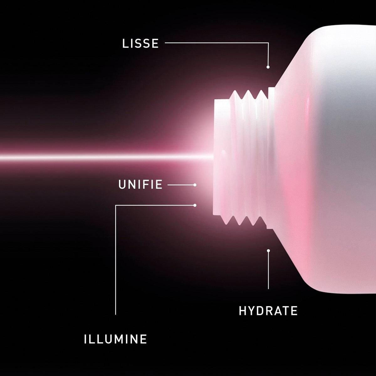 Filorga Pigment Protocol, tube opening in a pink light beam with four benefits in French