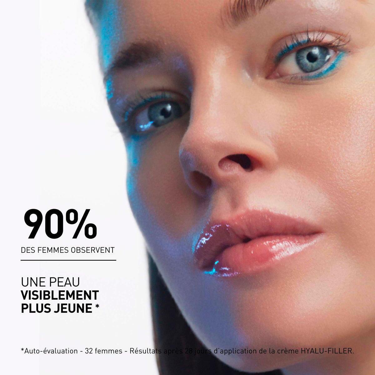 Filorga Hyalu-Filler, close-up of a woman's face with study results in French
