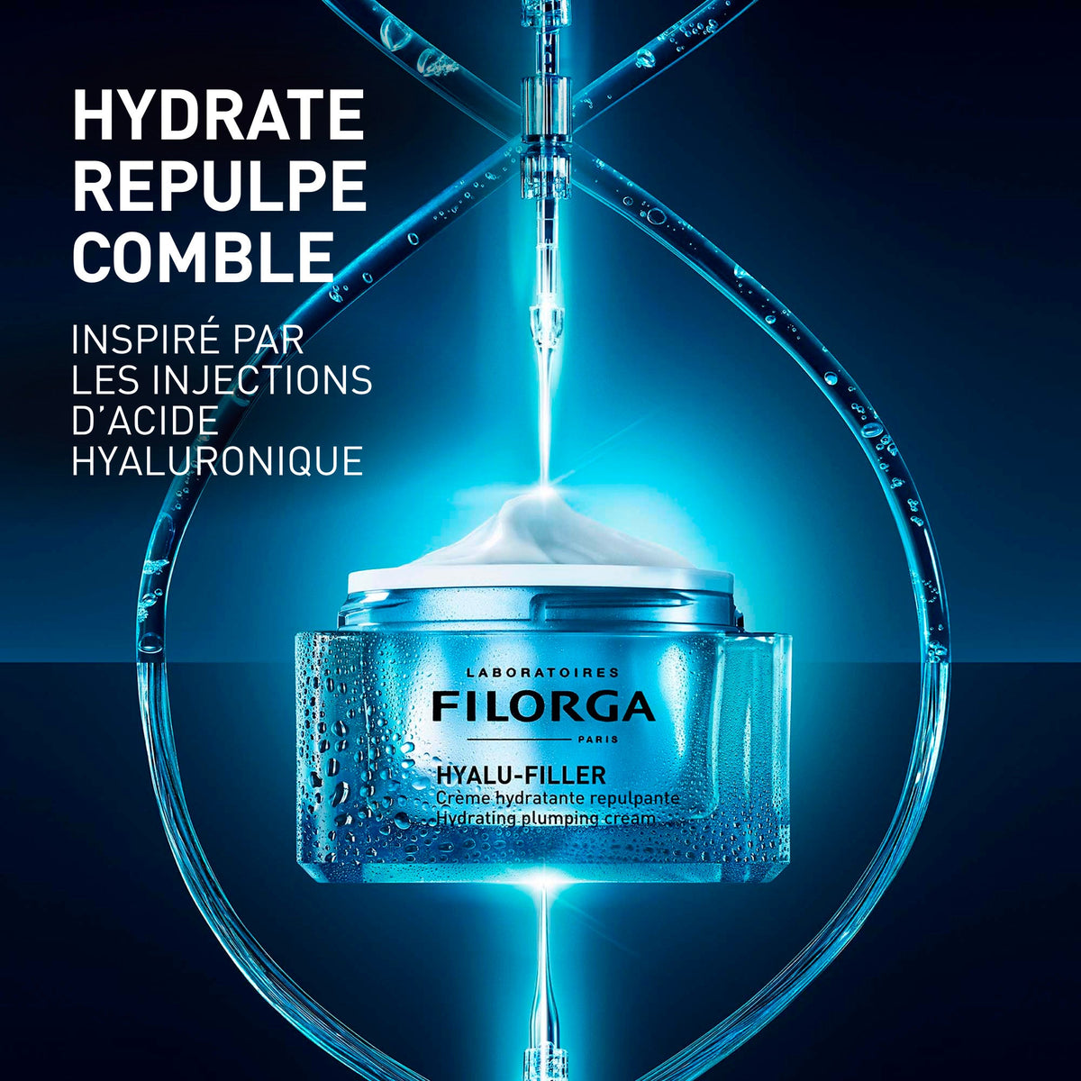 Filorga Hyalu-Filler, open jar in a blue water drop with benefits in French