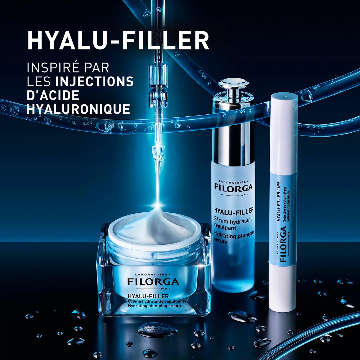Filorga Hyalu-Filler, range of three products on a blue background