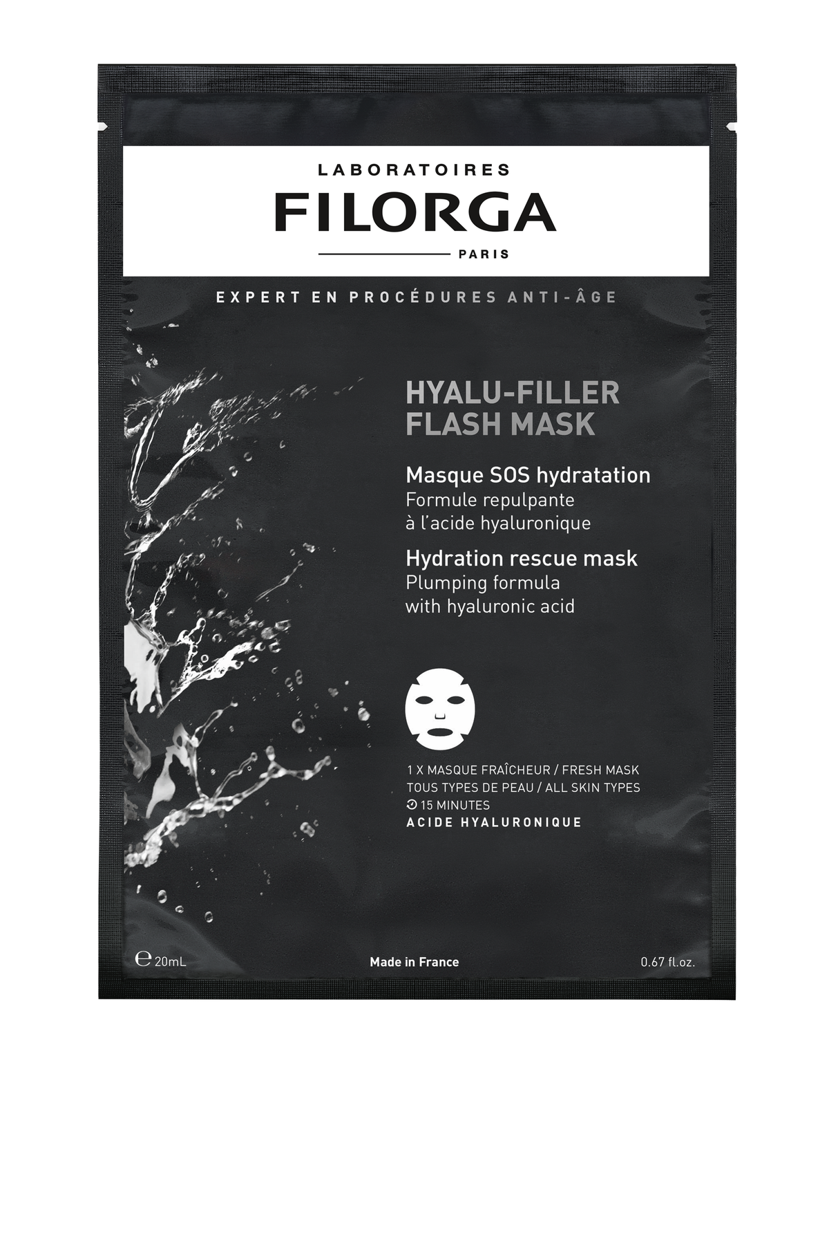 Filorga Hyalu-Filler Flash Mask Hydrating Sheet Mask 20ml, front of the sachet