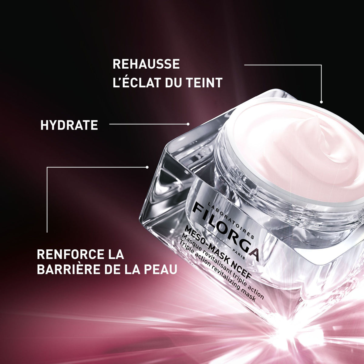 Filorga Meso-Mask, open jar with three benefits in French