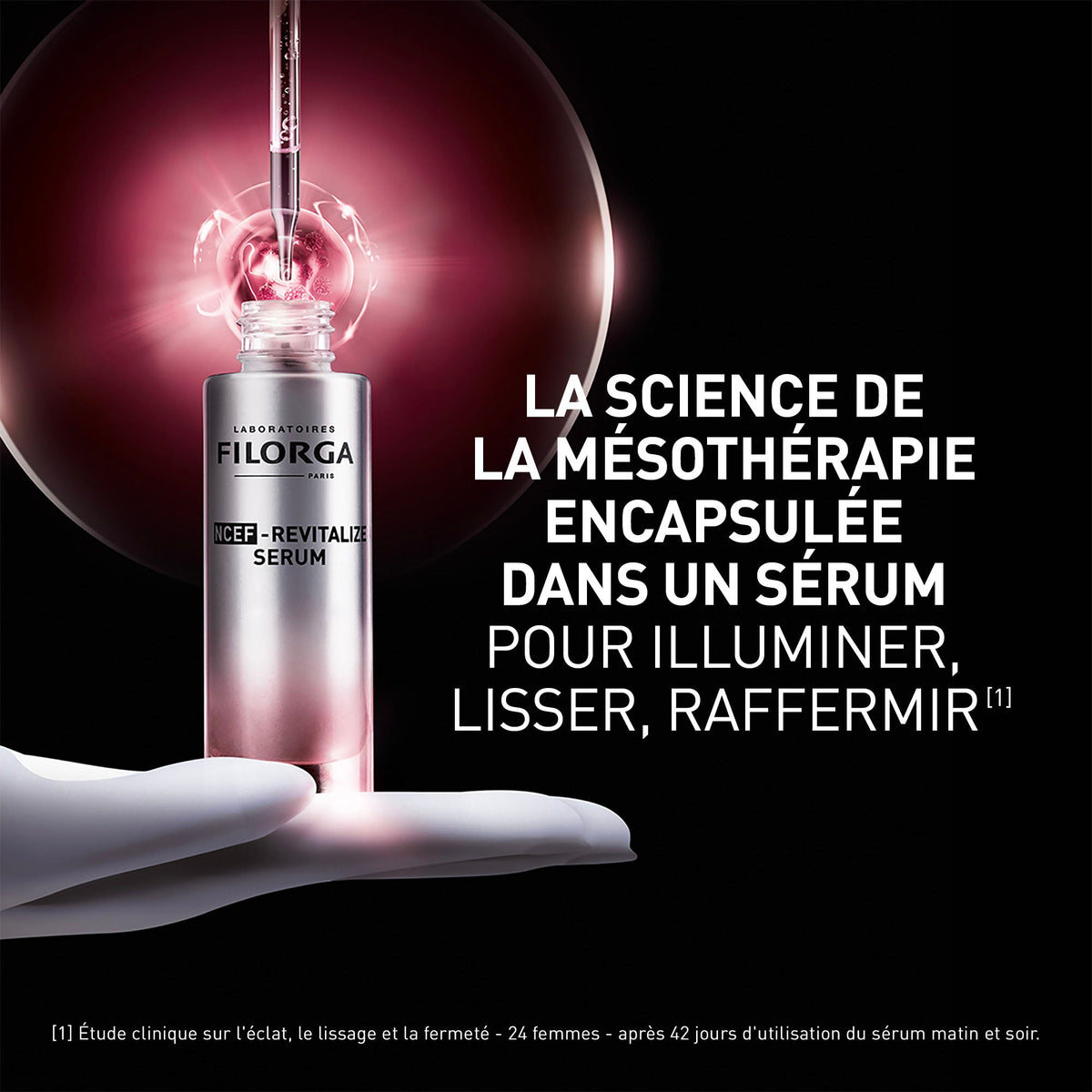 Filorga NCEF-Revitalize, white hand holding the bottle in a pink glow, text in French