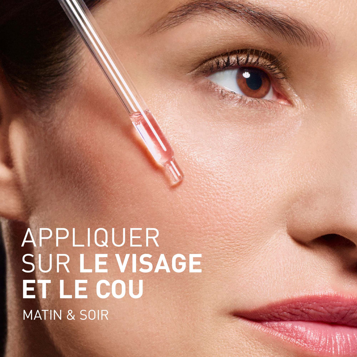Filorga NCEF-Revitalize, dropper at a woman's cheek with directions in French