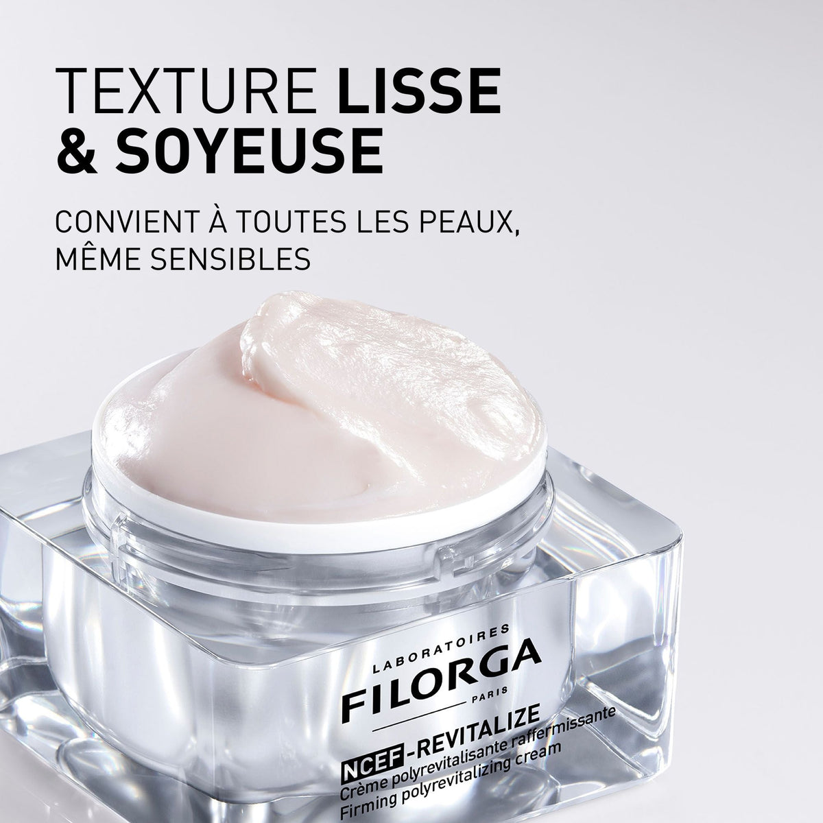 Filorga NCEF-Revitalize, open jar showing the cream, text in French