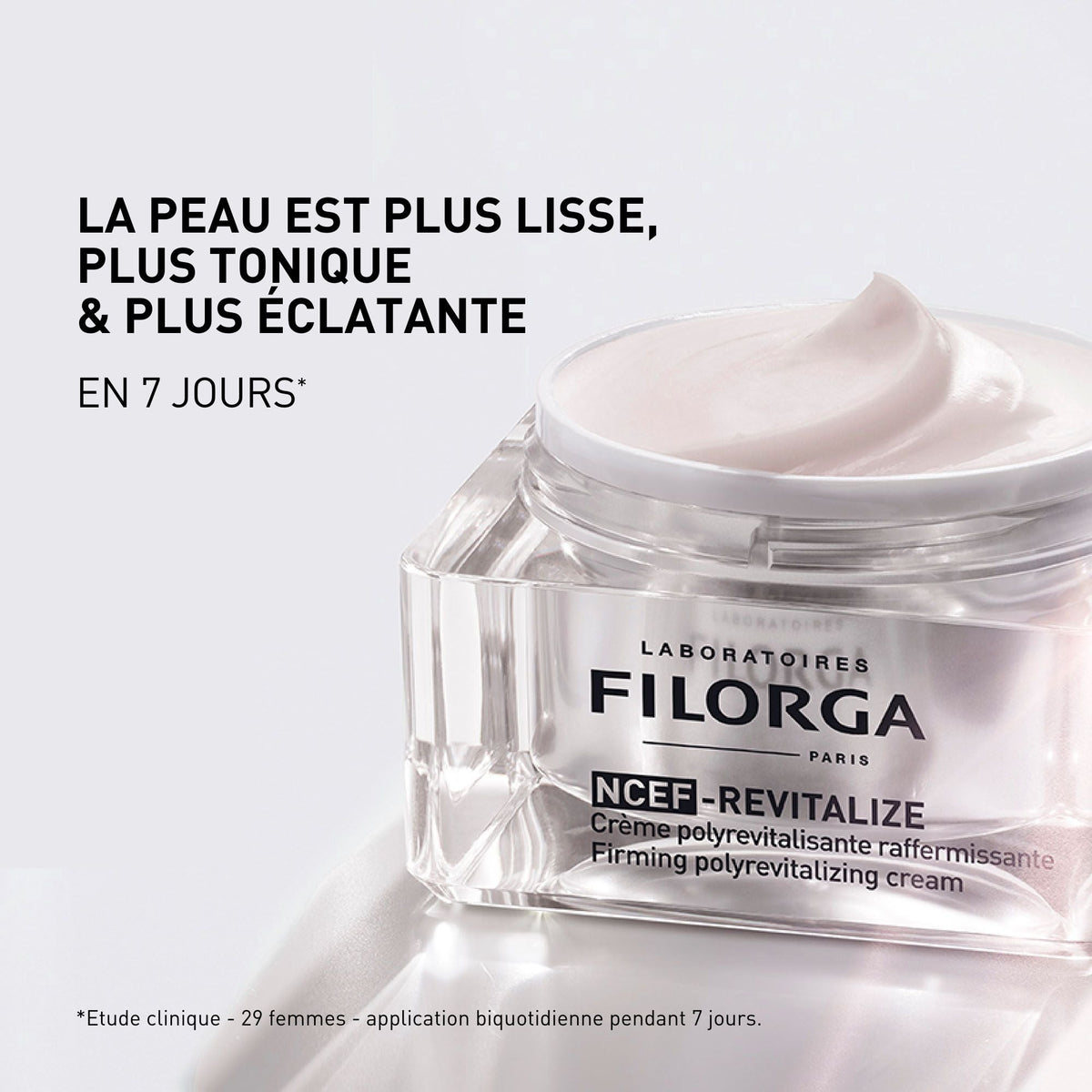 Filorga NCEF-Revitalize, open jar with study results in French