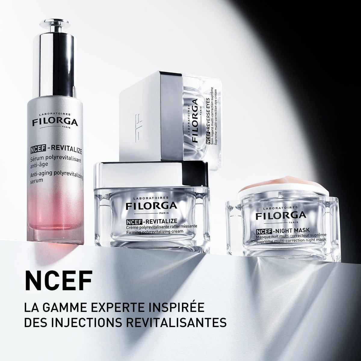 Filorga NCEF-Revitalize, NCEF range of four products, text in French