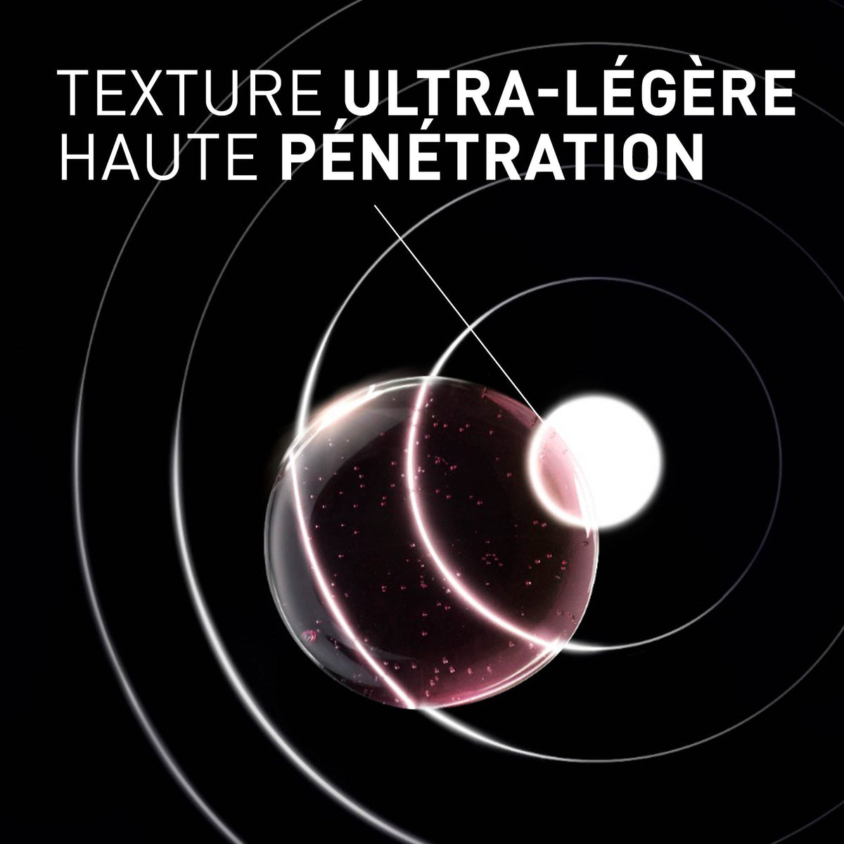 Filorga NCEF-Shot, pink bubble with light rings on black, text in French