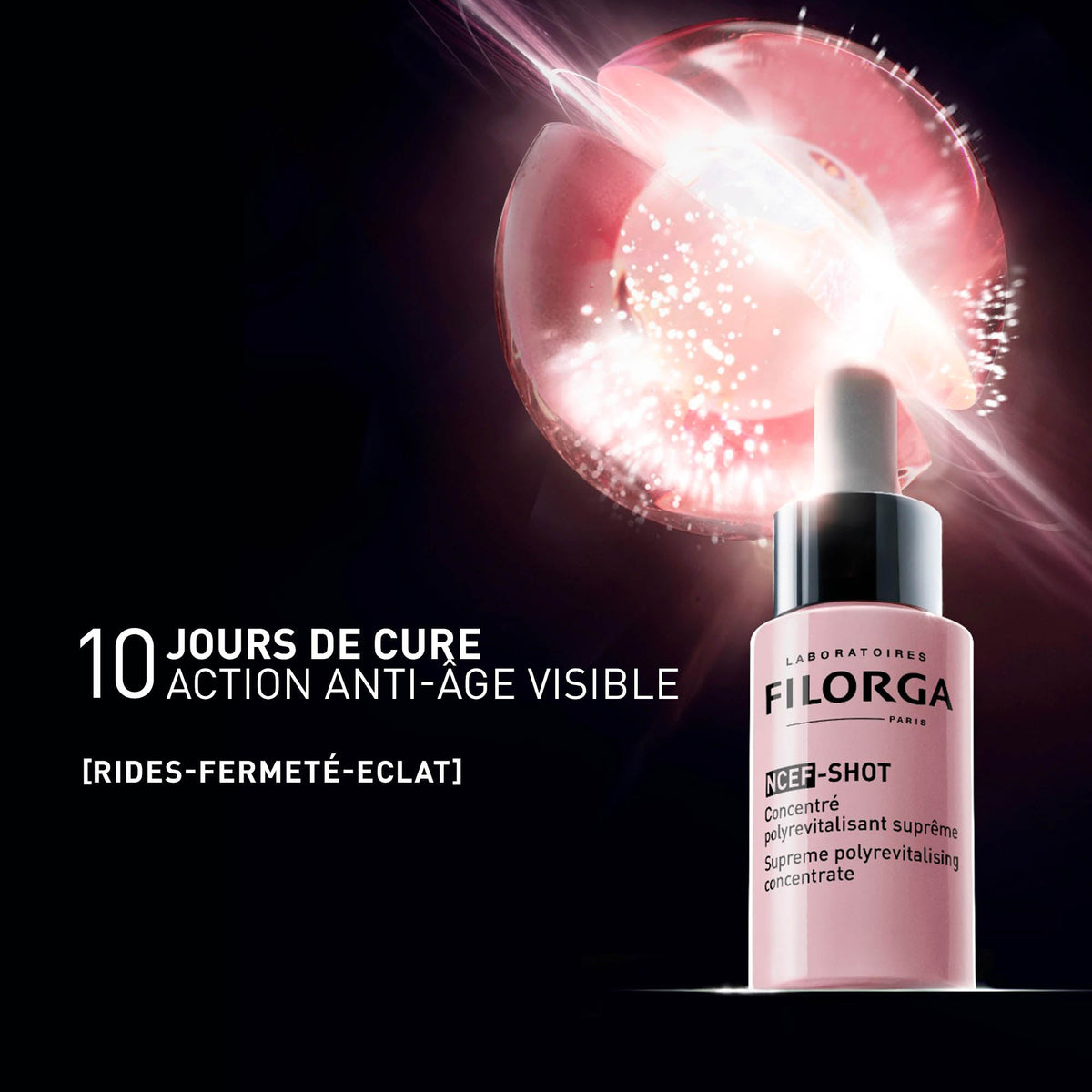Filorga NCEF-Shot, dropper bottle under a glowing pink sphere, text in French
