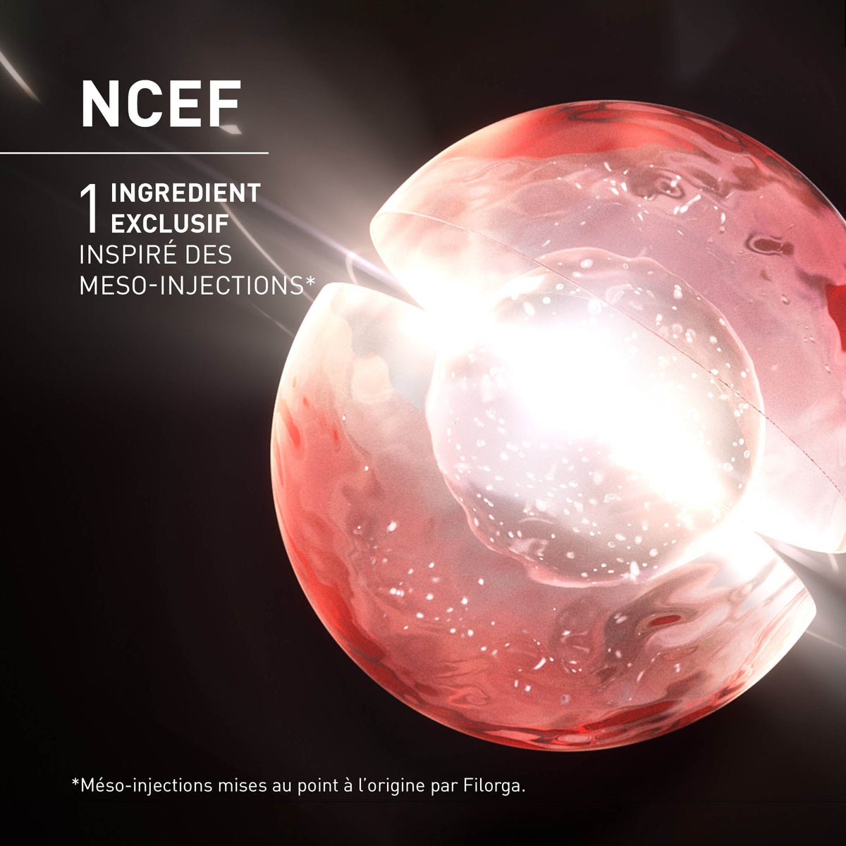 Filorga NCEF-Shot, NCEF complex visual with a glowing pink sphere, text in French