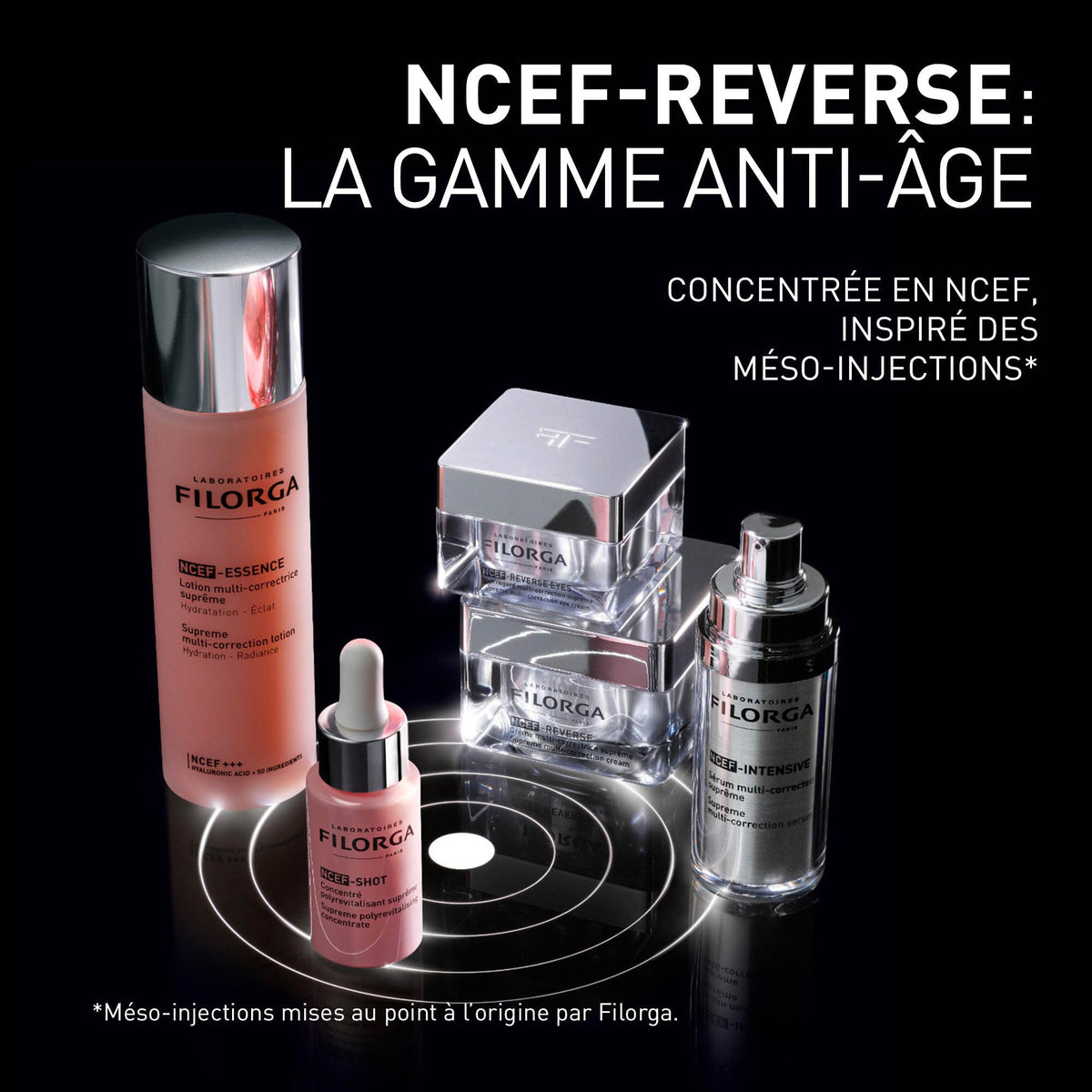 Filorga NCEF-Shot, NCEF range of five products on black, text in French