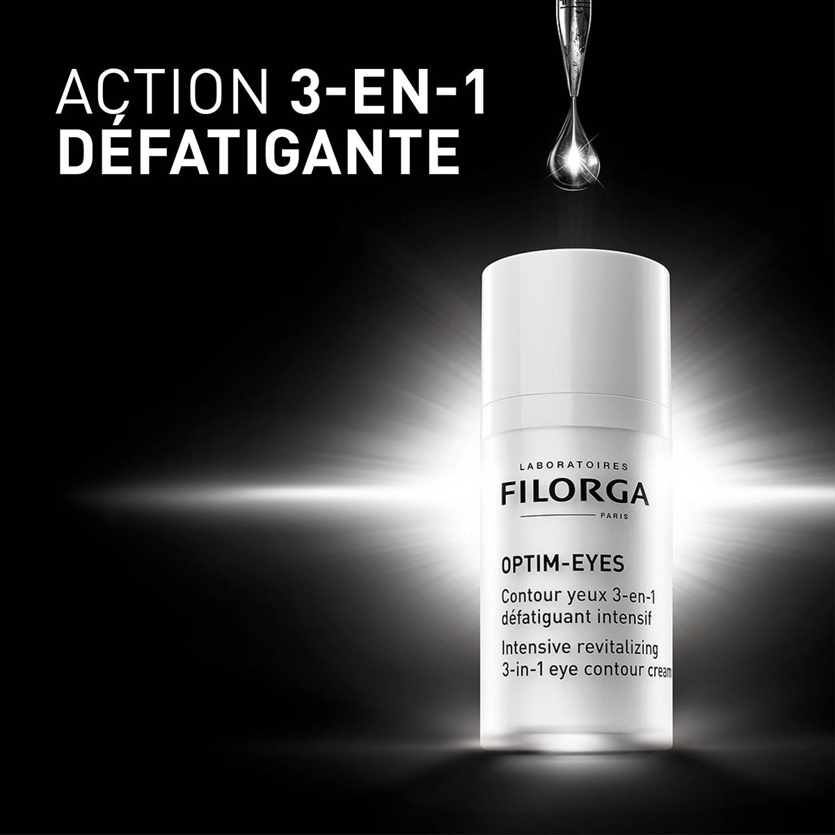 Filorga Optim-Eyes, pump bottle in a burst of light, text in French