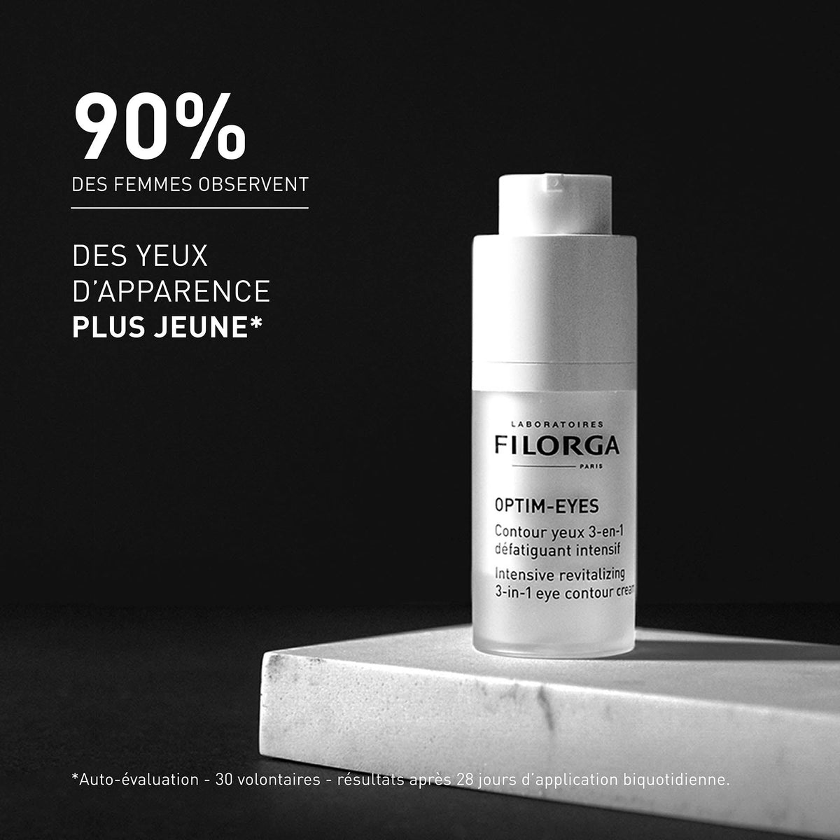 Filorga Optim-Eyes, pump bottle on a marble block with study results in French