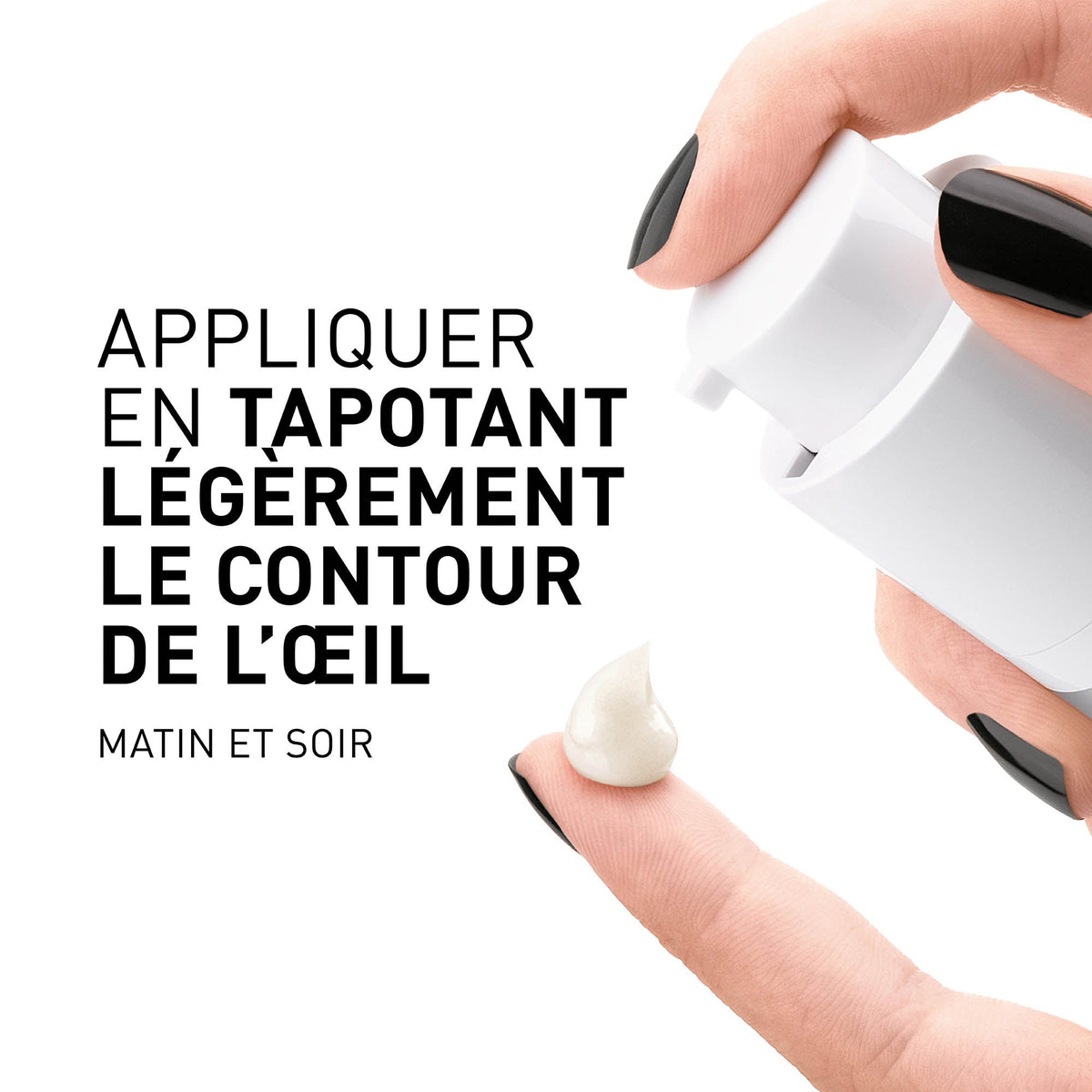 Filorga Optim-Eyes, cream pumped onto a fingertip with directions in French