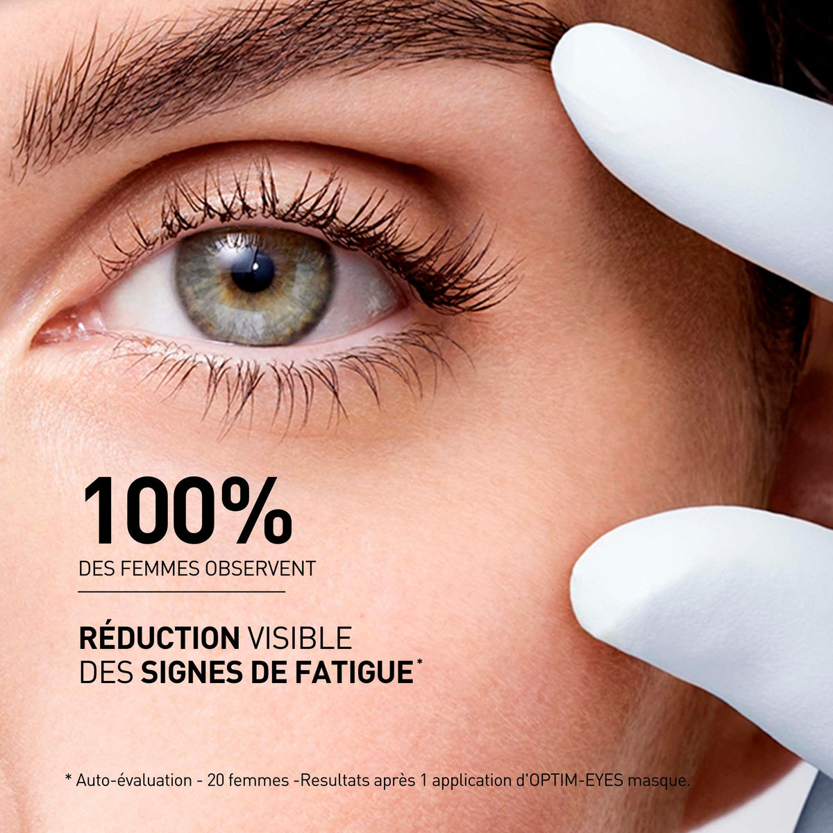 Filorga Optim-Eyes, close-up of an eye with study results in French