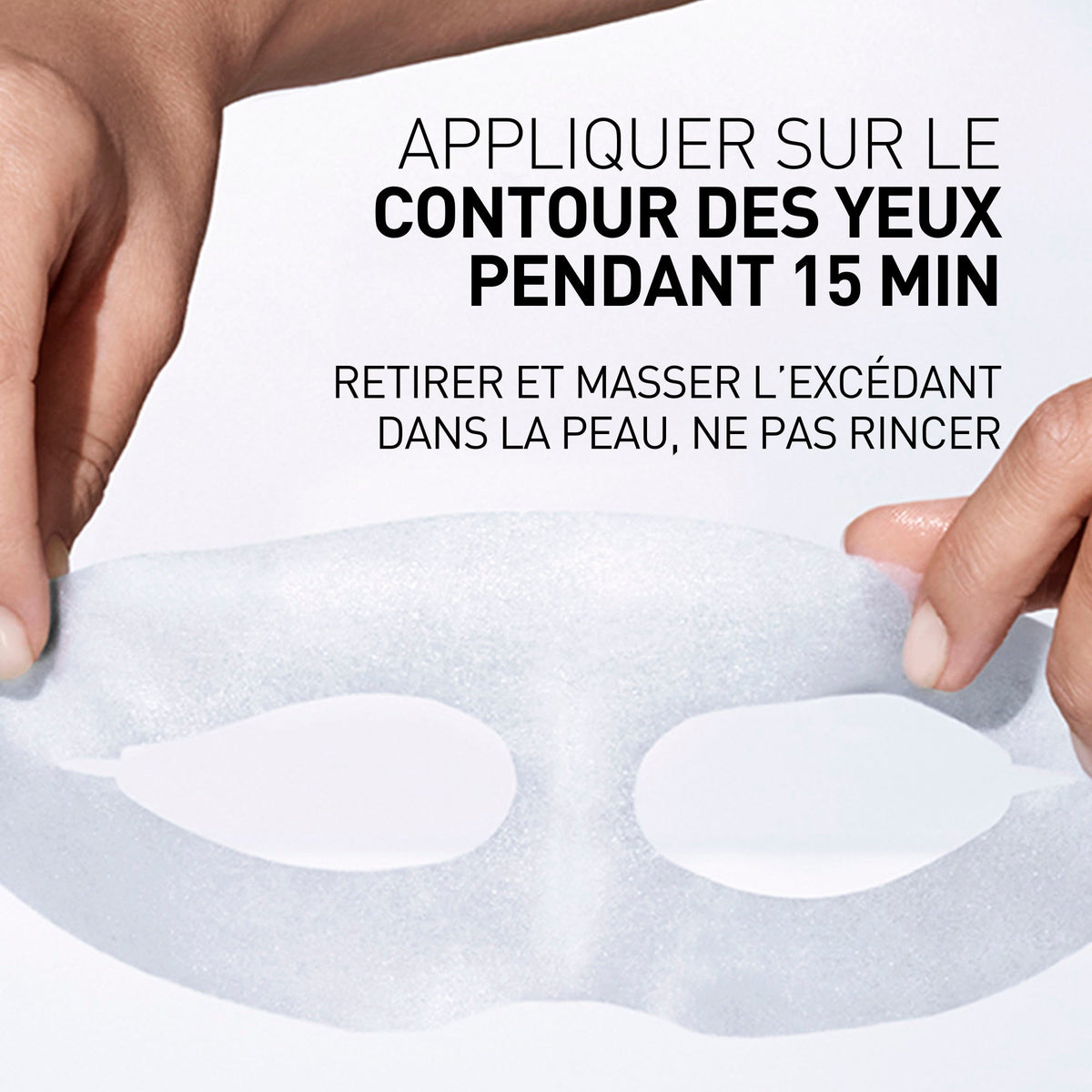 Filorga Optim-Eyes, hands holding the sheet mask with directions in French