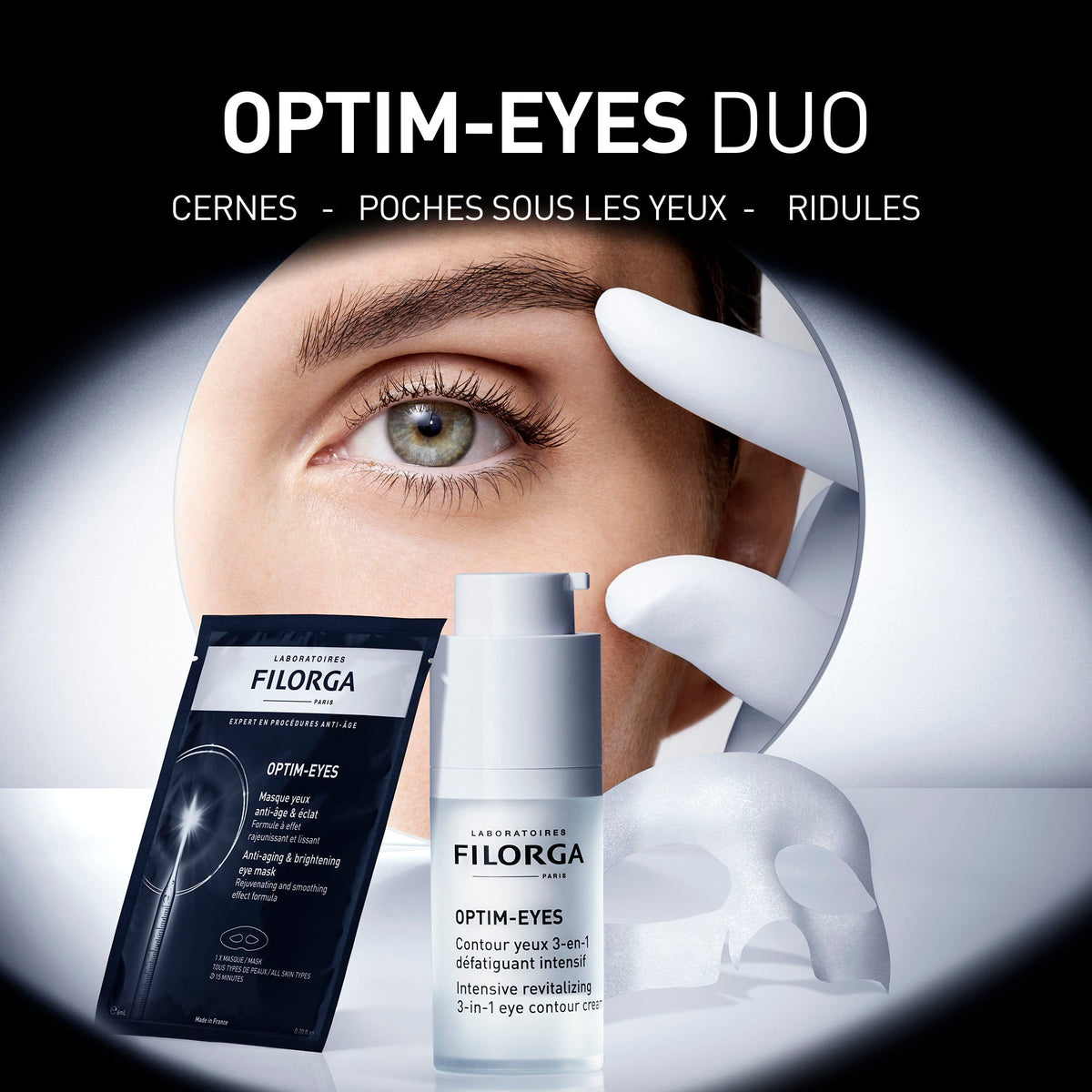 Filorga Optim-Eyes, mask sachet and eye contour bottle, text in French