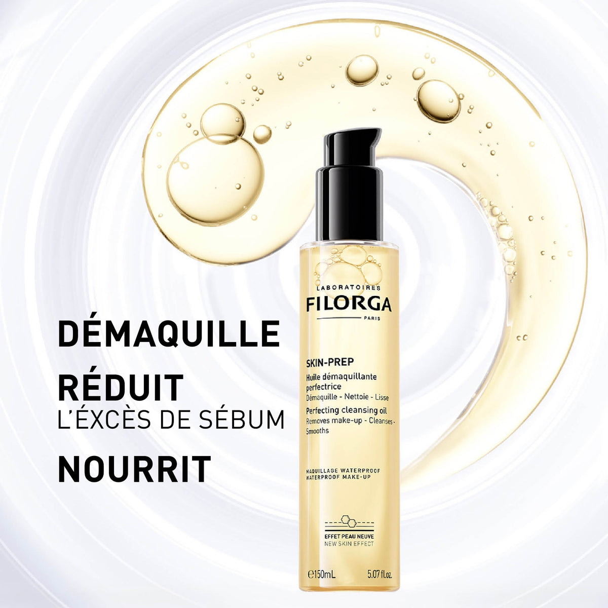 Filorga Skin-Prep, pump bottle and oil swirl with three benefits in French