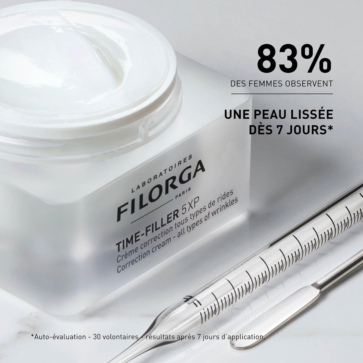 Filorga Time-Filler, open jar beside a graduated pipette with study results in French
