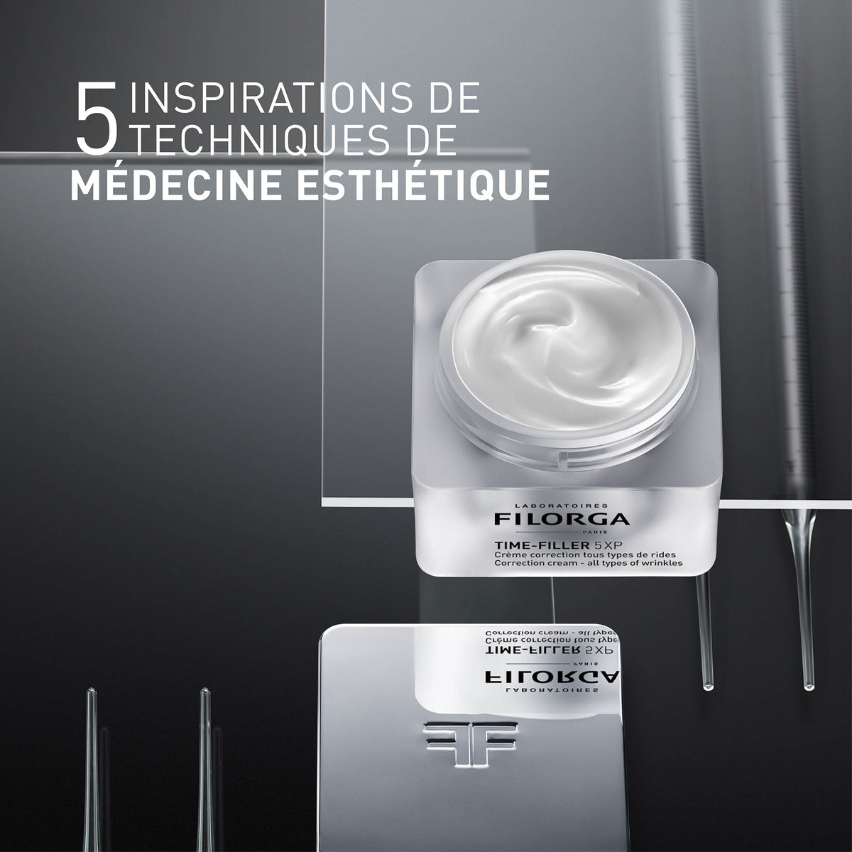 Filorga Time-Filler, open jar on a glass stand with text in French