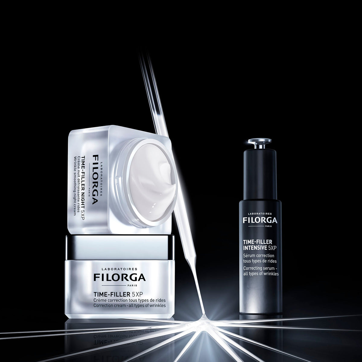 Filorga Time-Filler, range of three products on a black background