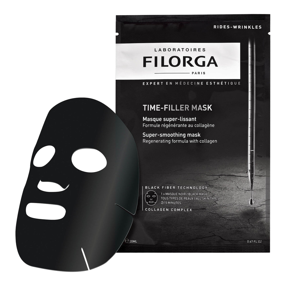 Filorga Time-Filler, black sheet mask unfolded next to the sachet