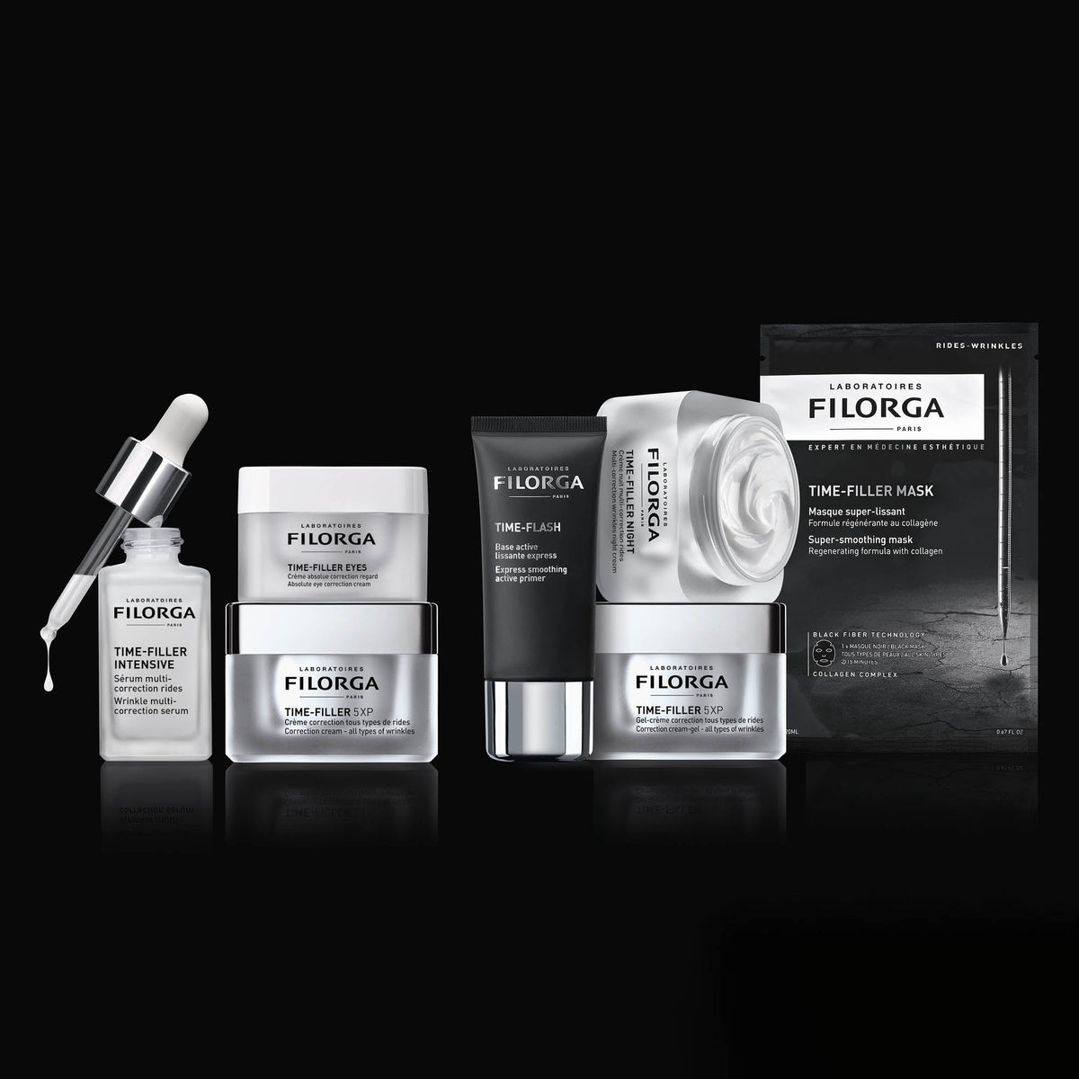 Filorga Time-Filler, range of skincare products on a black background