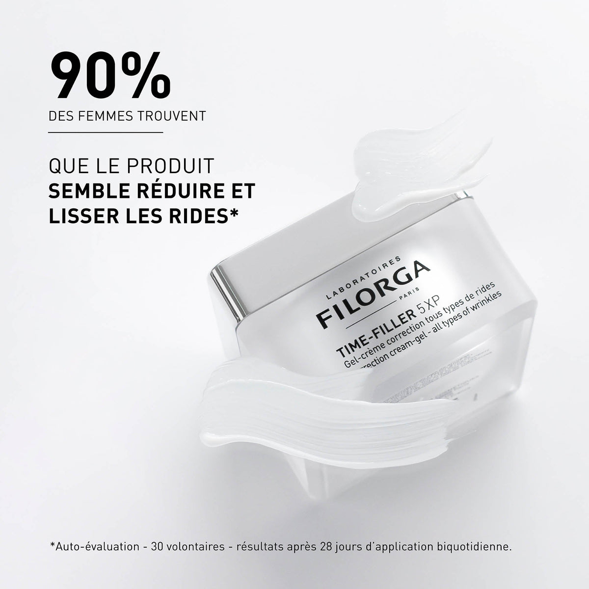 Filorga Time-Filler, tilted jar with cream swirls and study results in French