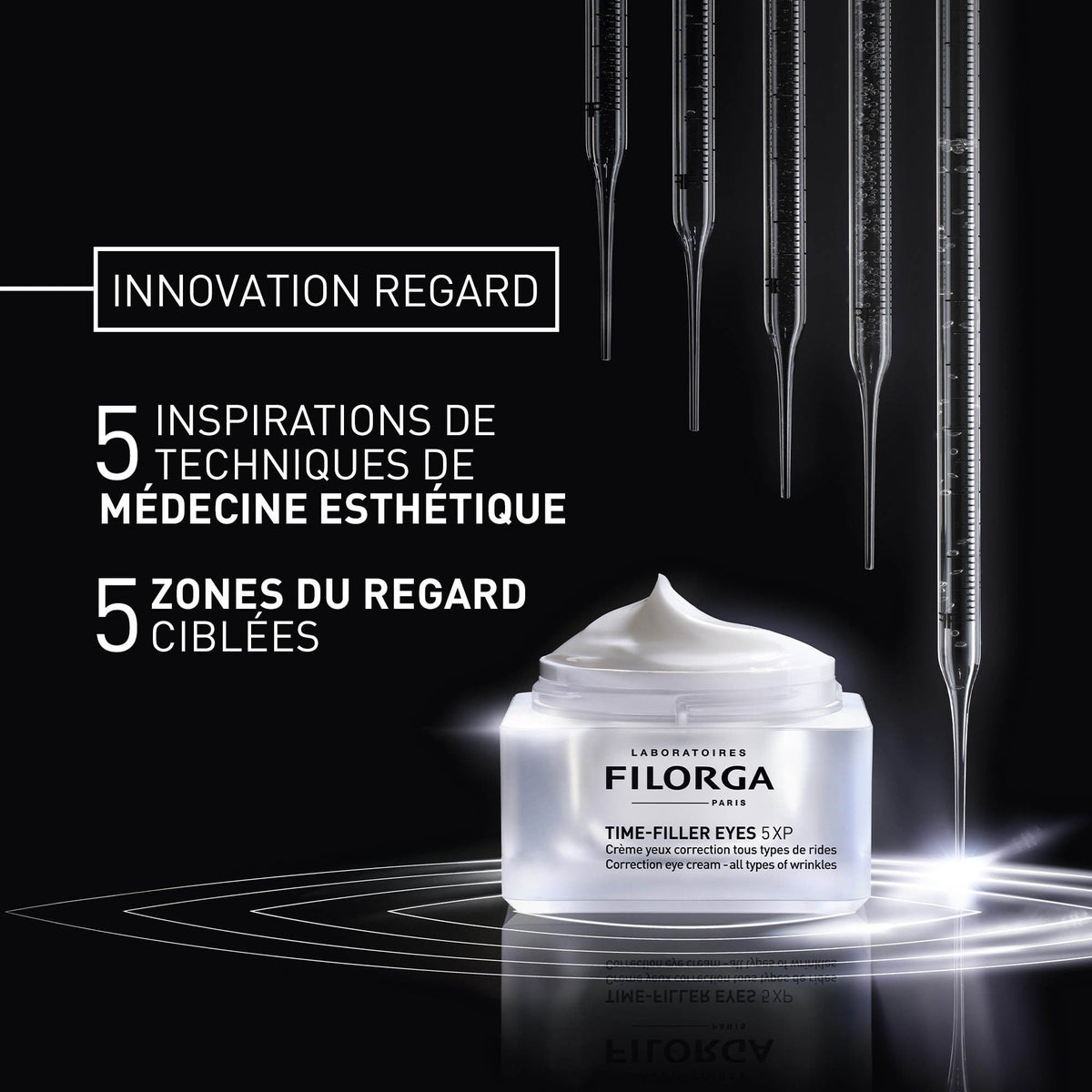 Filorga Time Filler Eyes, open jar under glass pipettes, text in French